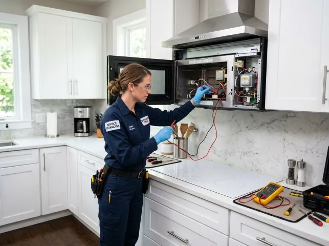 Appliance Repair Hero technician testing an over-the-range microwave in a Bowmanstown, PA kitchen